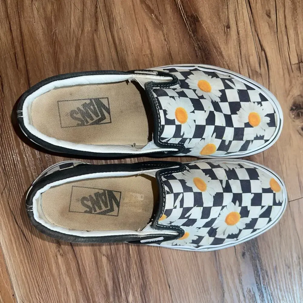 Black White Checkered Vans with Daisy Print Size 7
